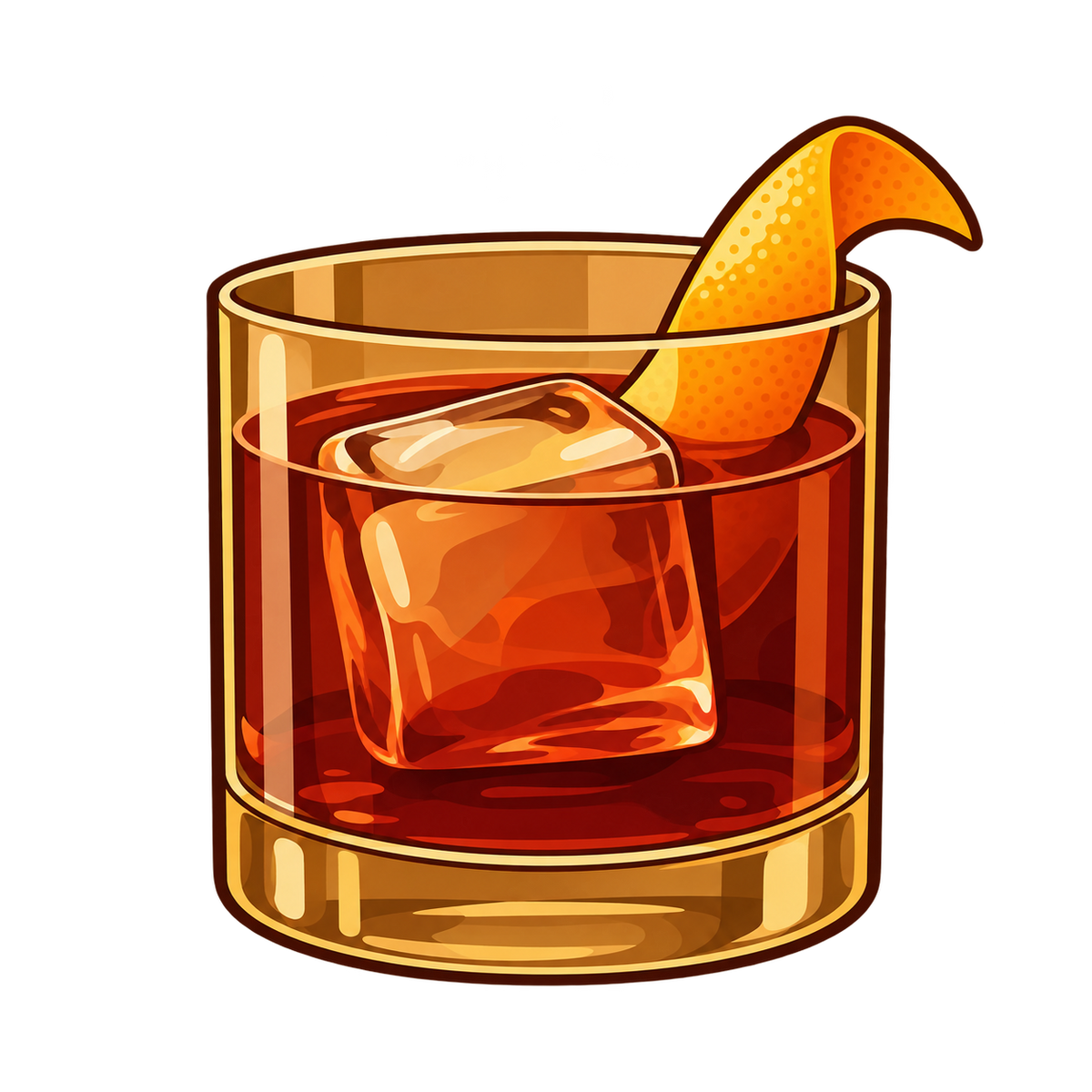 Illustrated Rye Boulevardier in a rocks glass with orange peel