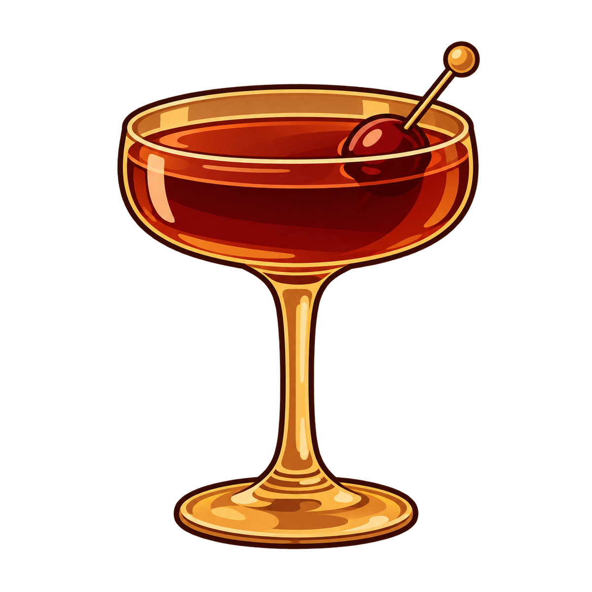 Illustrated The Dark Alpine Manhattan in a coupe with cocktail cherry