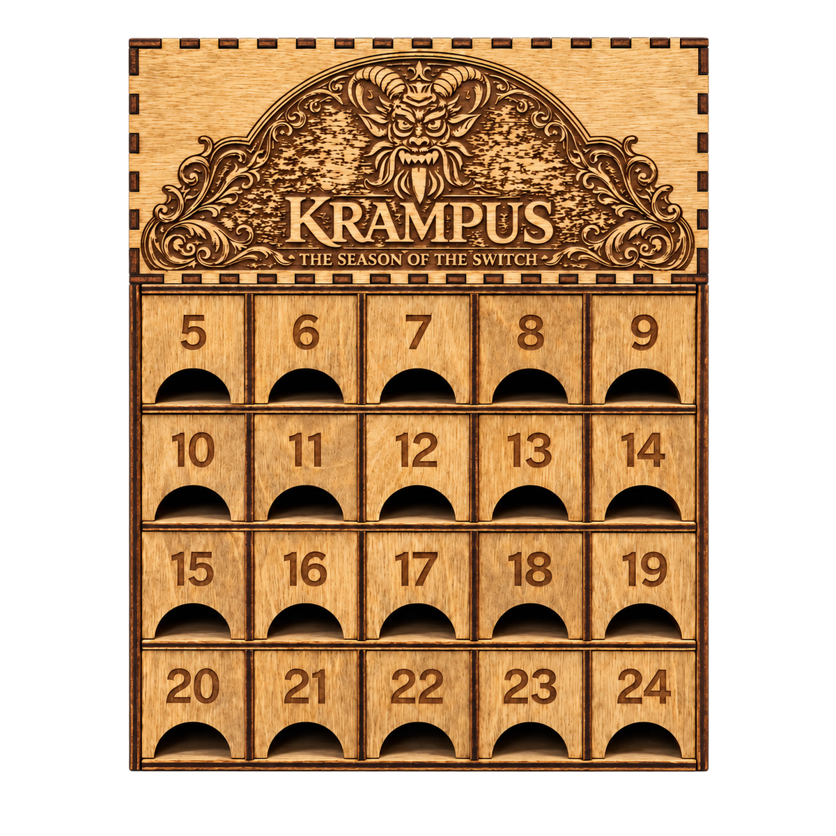 Krampus Advent Calendar wooden box with engraved Krampus artwork and numbered doors.