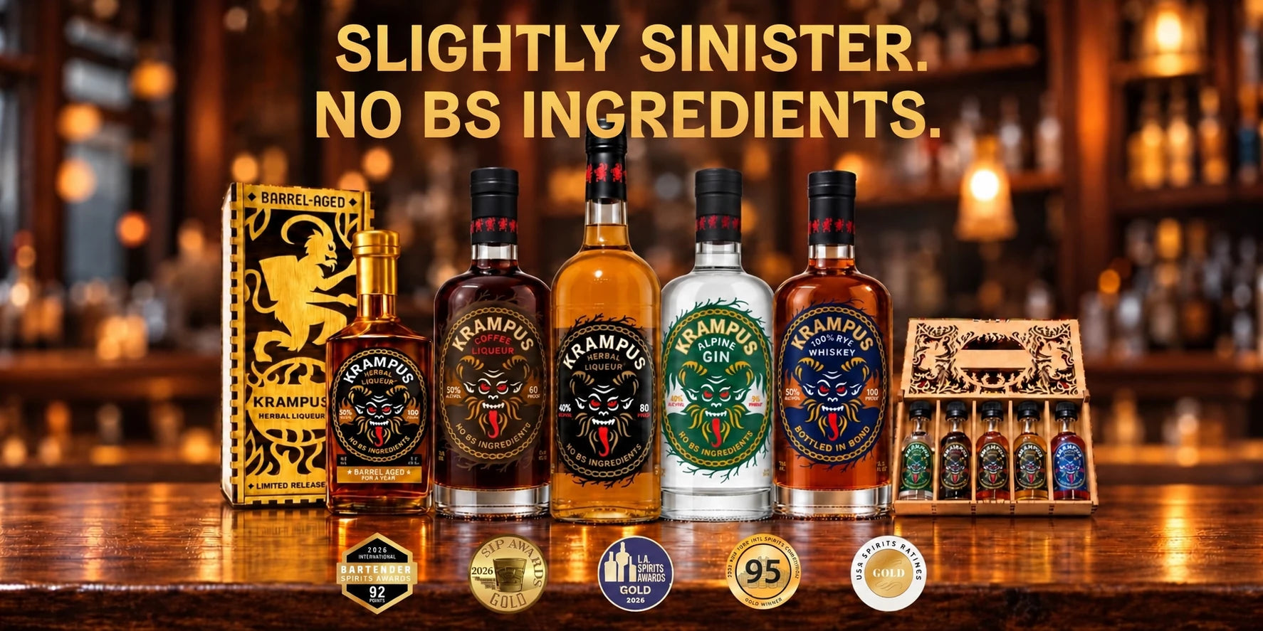 Slightly sinister. No BS ingredients. The Krampus Spirit Collection with five spirits, boxed gifts and award medals.