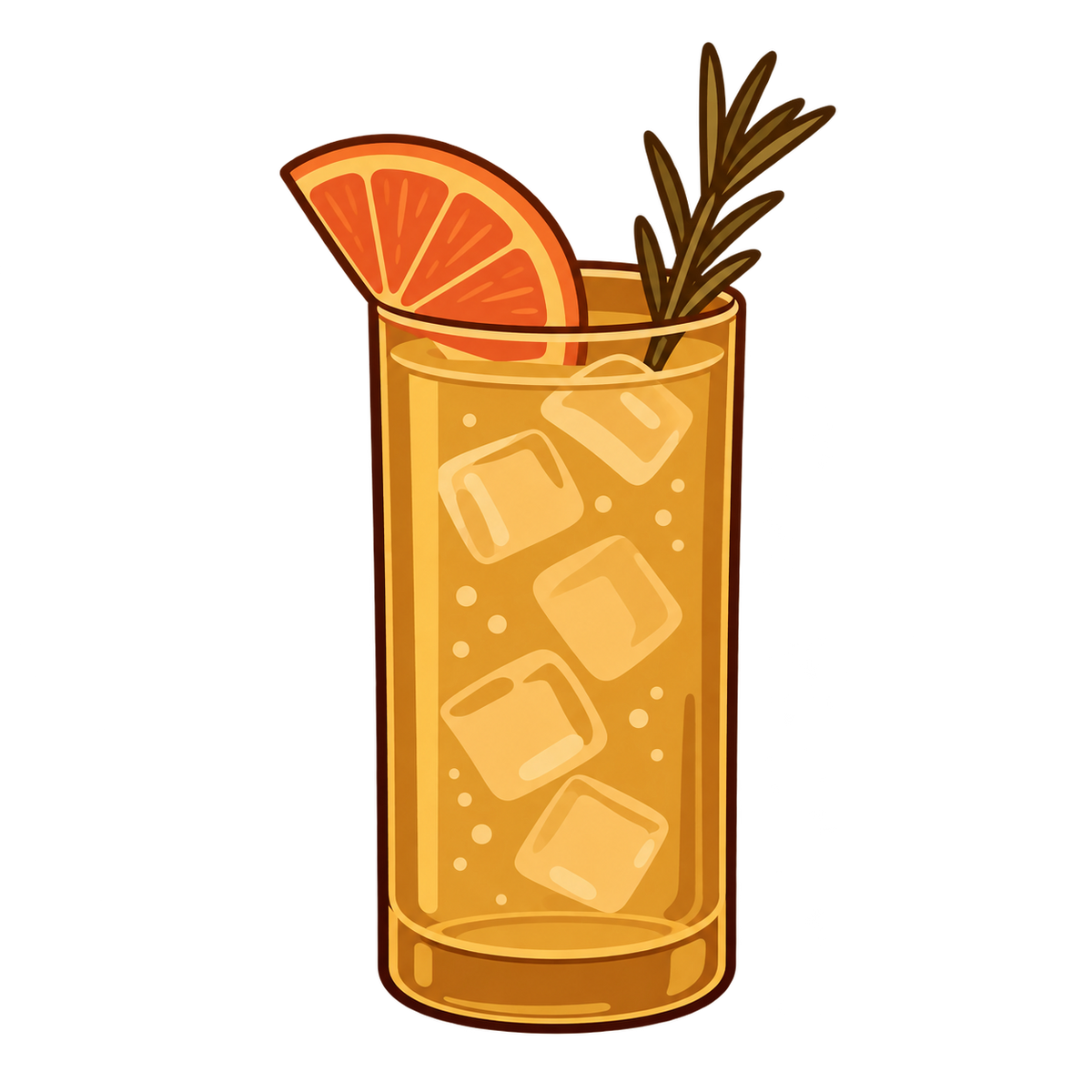 Illustrated Alpine Gin and Tonic in a highball glass with grapefruit wedge, rosemary sprig