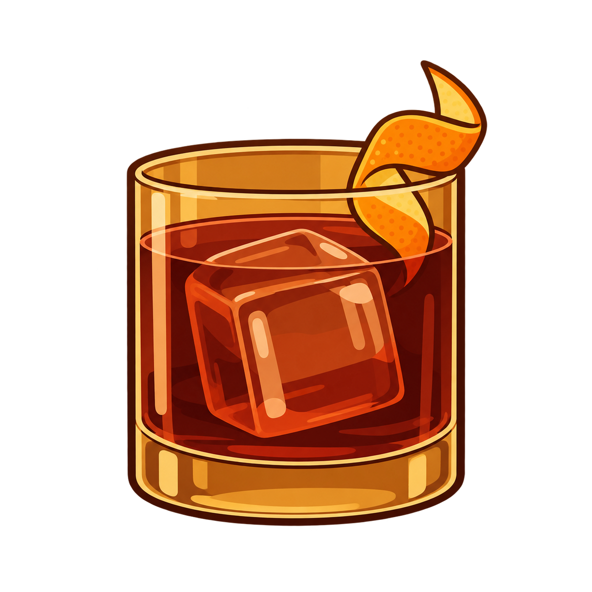 Illustrated Coffee Boulevardier in a glass with orange peel