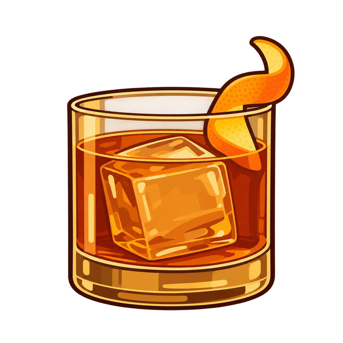 Illustrated Krampus Rye Old Fashioned in a glass with orange peel