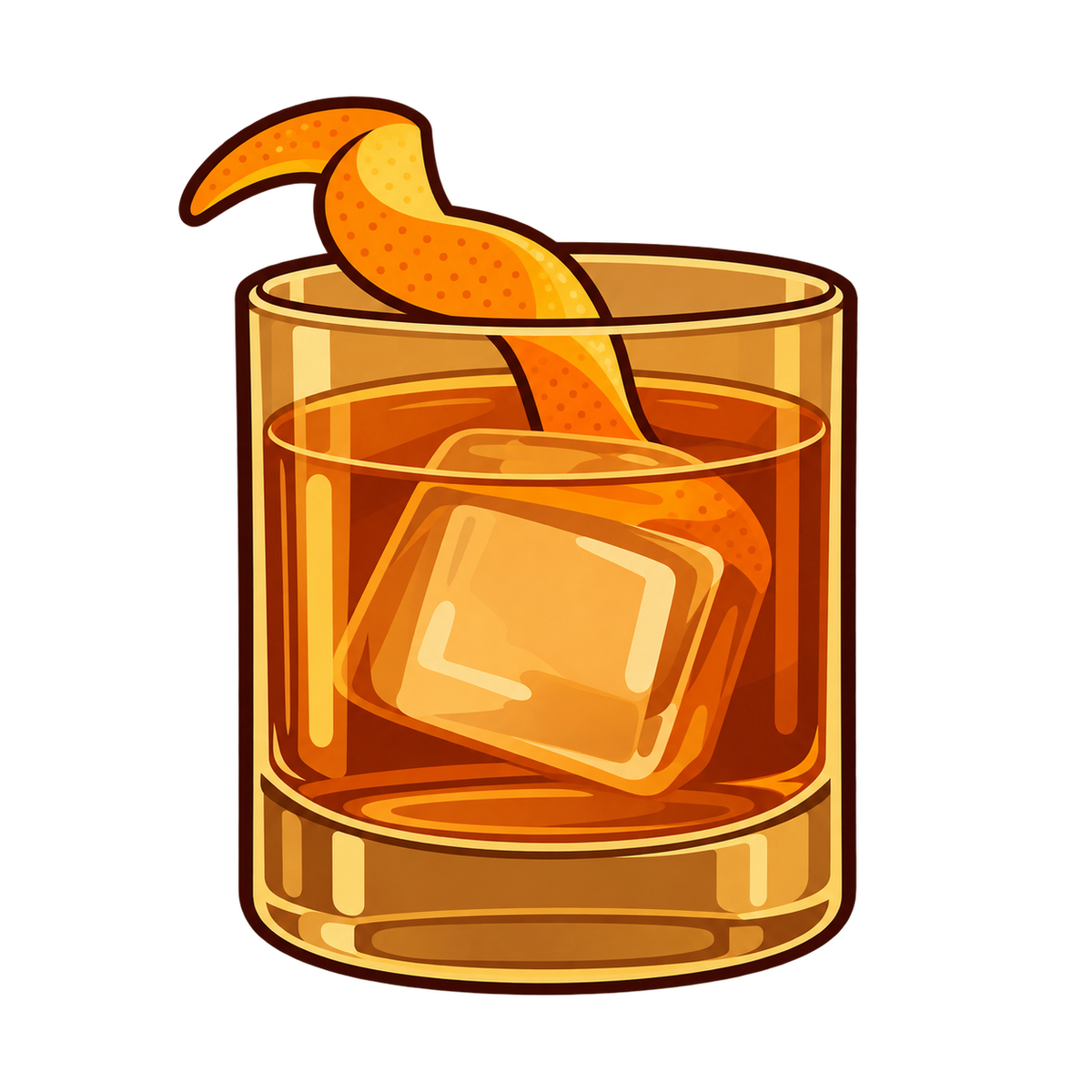 Illustrated Maple Rye Old Fashioned in a glass with orange peel