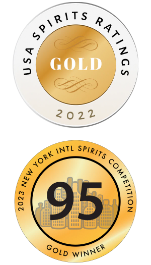 Two gold awards for spirits ratings from USA Spirits Ratings and New York Intl Spirits Competition on a white background.