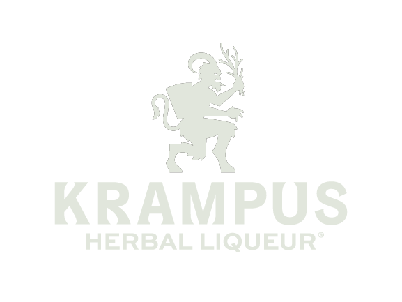 Logo of Krampus Herbal Liqueur with a silhouette of a figure holding an olive branch on a white background.