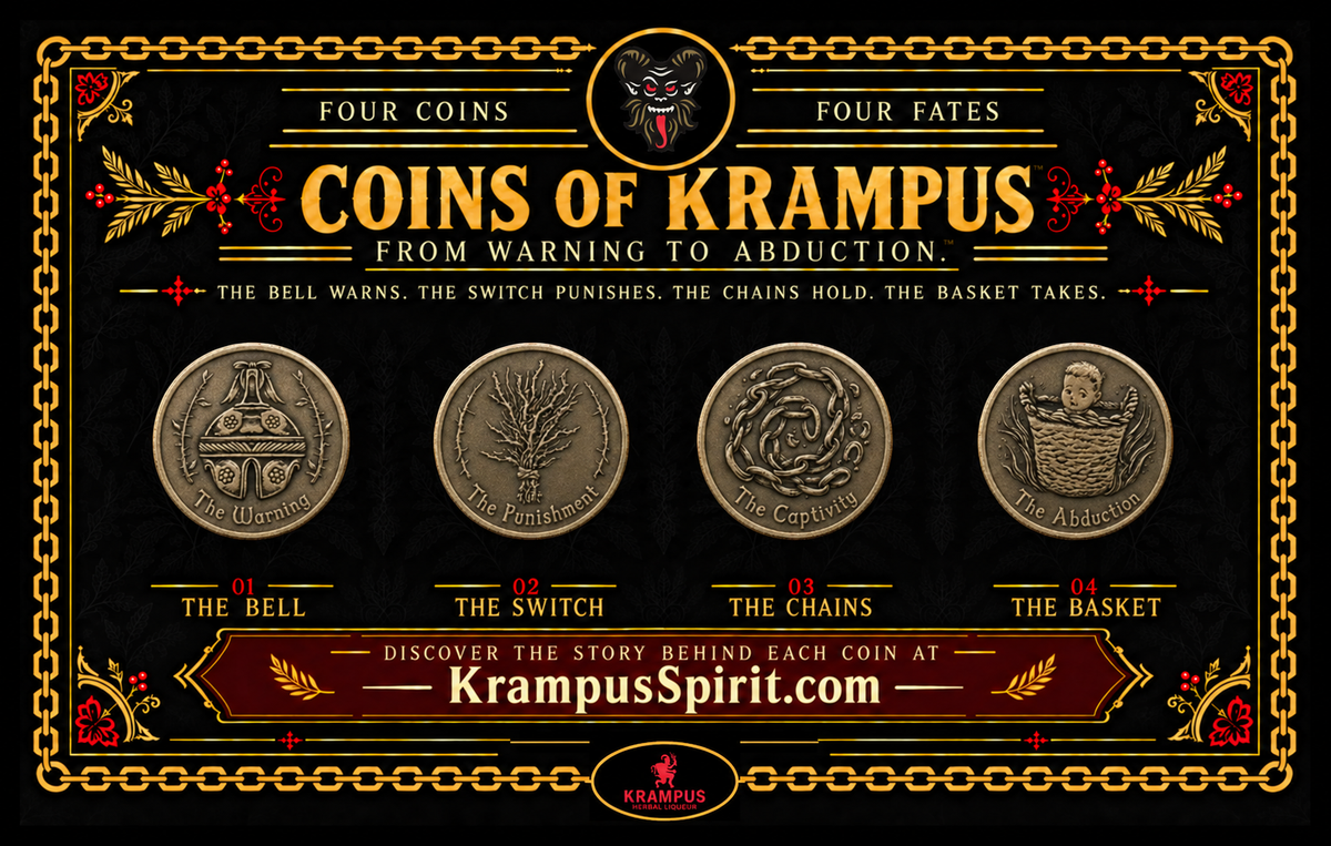 Illustrated Coins of Krampus card showing the Bell, Switch, Chains and Basket